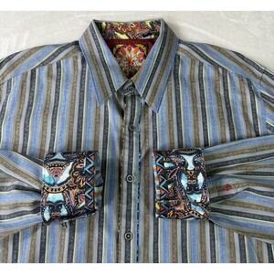 Robert Graham Shirt Mens XL Flip Cuff Striped Embroidered Knowledge Wisdom NEW
